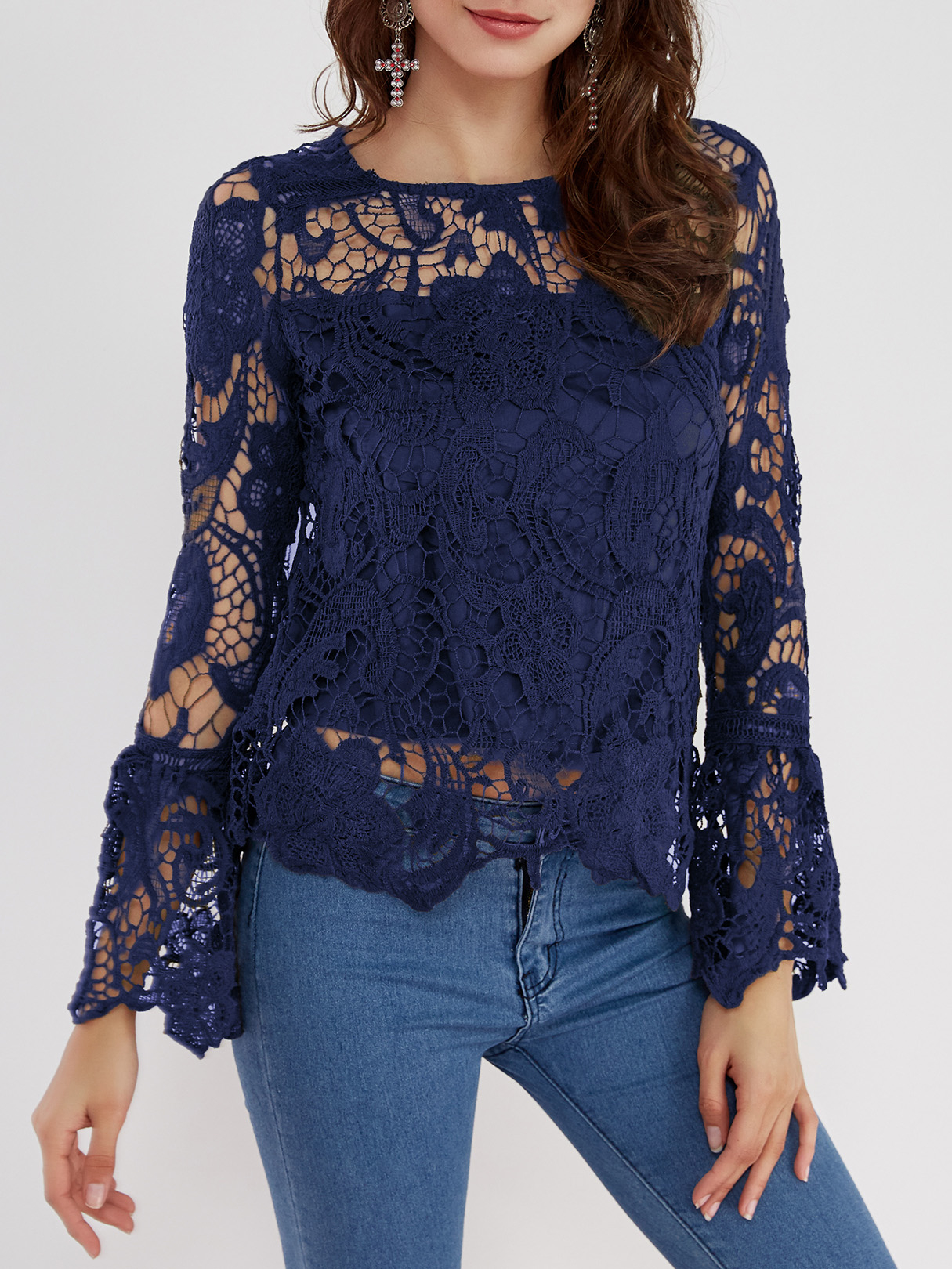 Navy See-through Lace Round Neck Long Sleeves Sexy Top