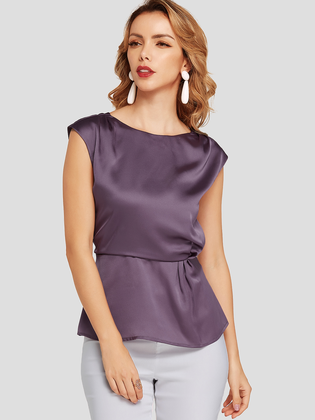 Purple Pleated Round Neck Cap Sleeves Stretch Waistband Tee