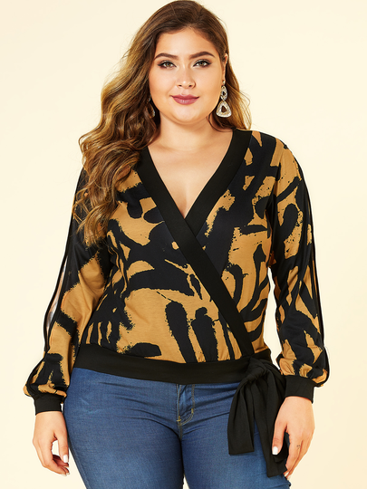 YOINS Plus Size Gold Self-tie Design Abstract Printed Wrap Tee