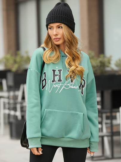 YOINS Green Letter Pocket Design Long Sleeves Hoodie