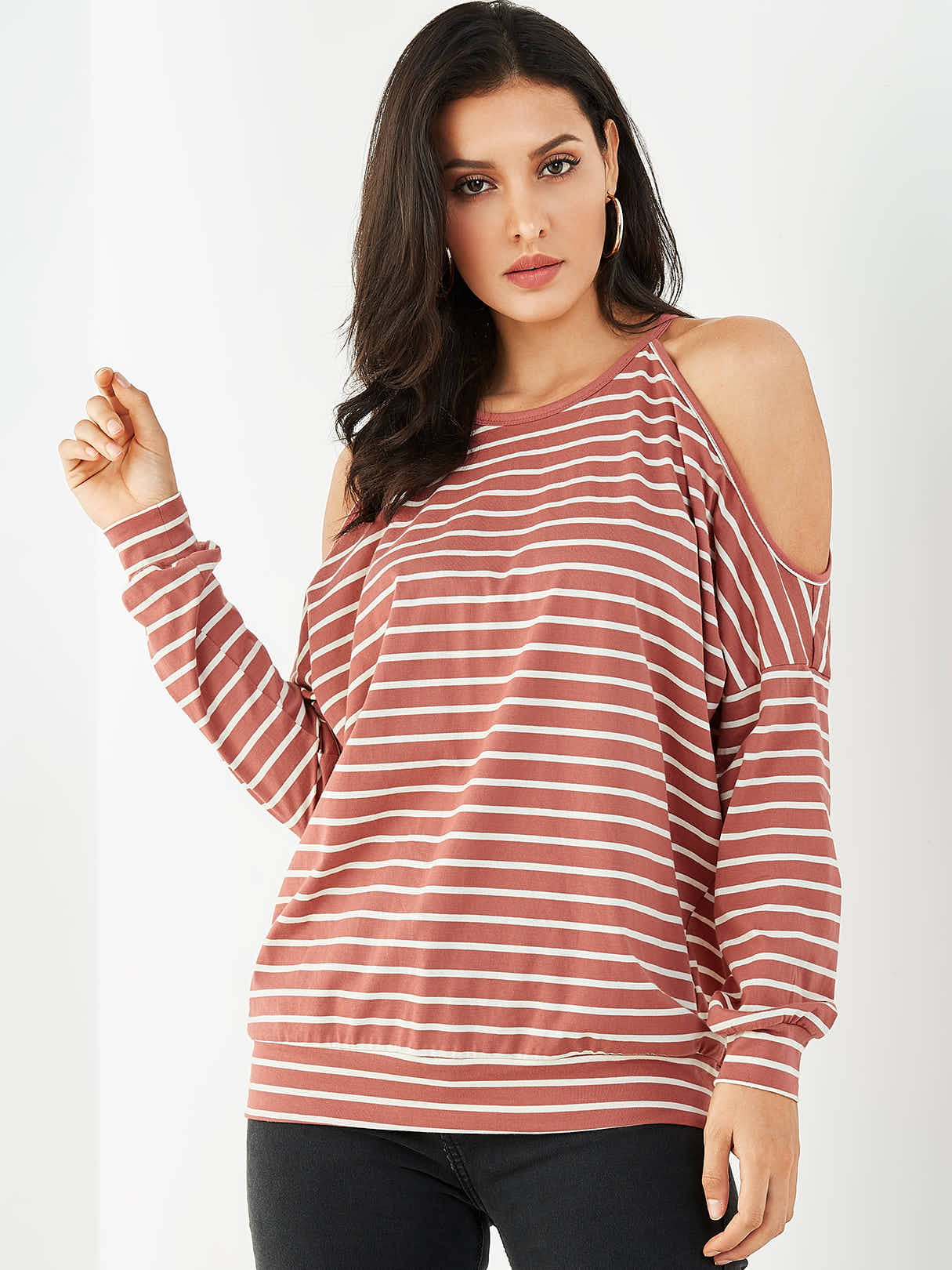 YOINS Red Stripe Cold Shoulder Long Sleeves Knit Tee