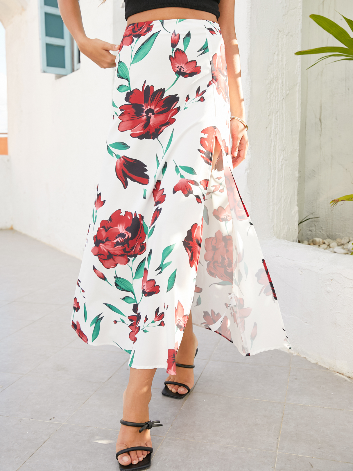 YOINS White Floral Print Slit Hem Maxi Skirt