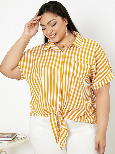 YOINS Plus Size Classic Collar Striped Pocket Short Sleeves Blouse