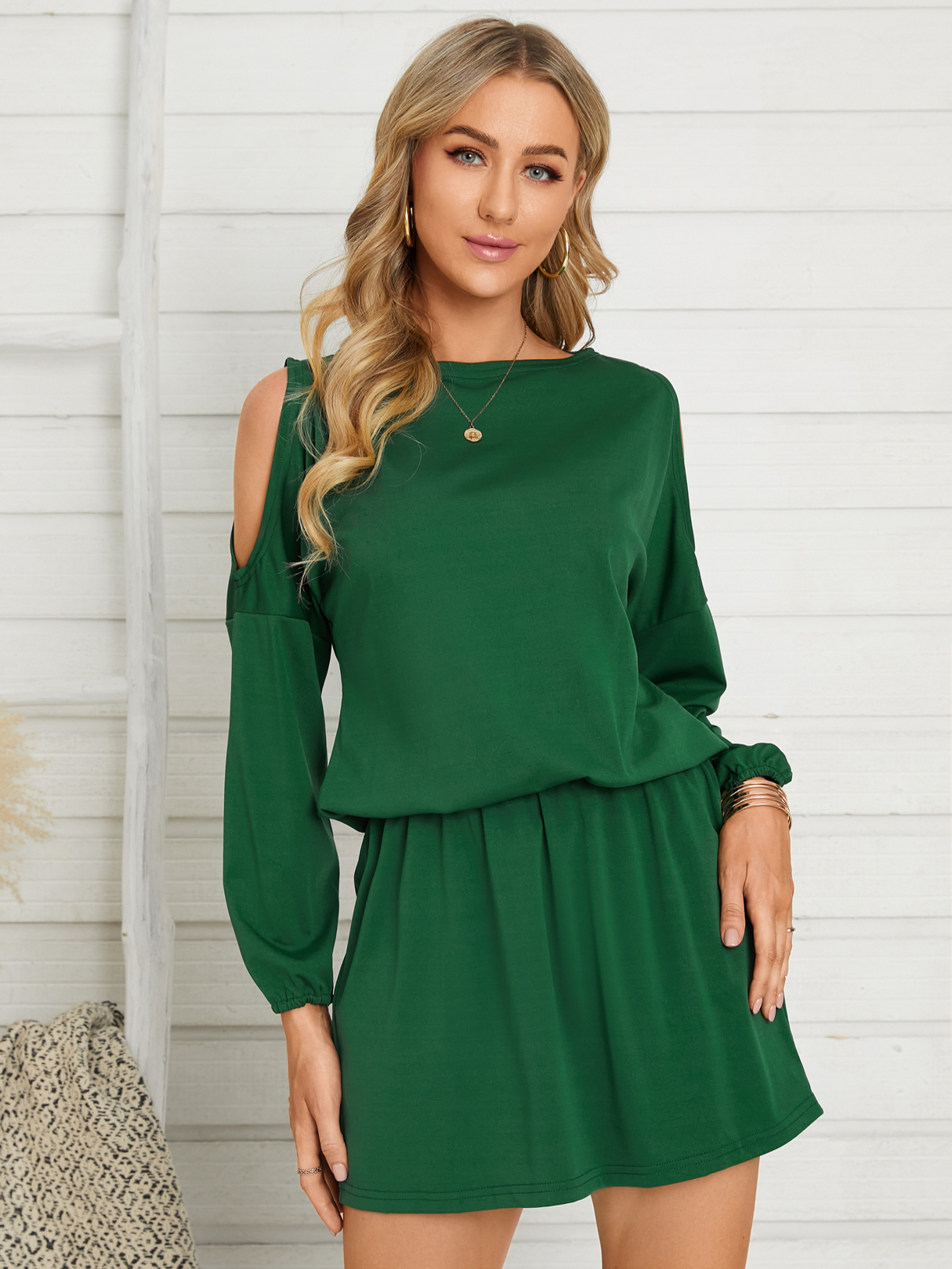 Cold Shoulder Elastic Waist Long Sleeves Mini Dress