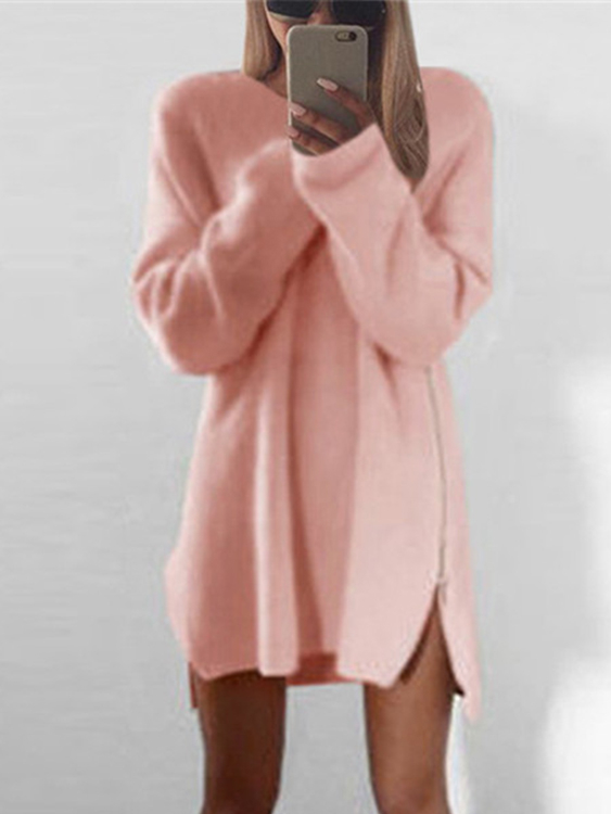 Pink Side Zipper Design Irregular Hem Loose Mini Dress