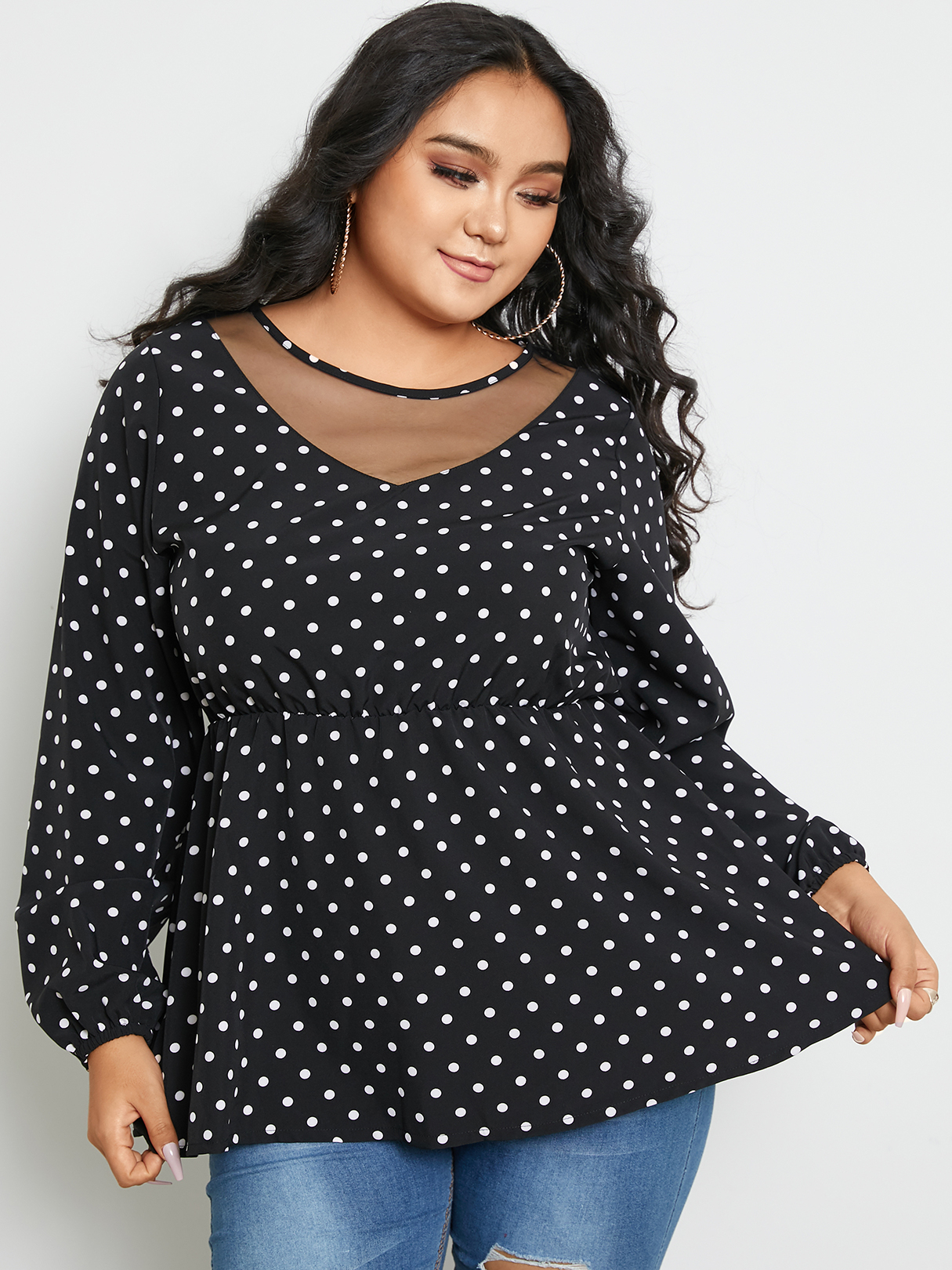 Plus Size Mesh Patchwork Round Neck Polka Dot Long Sleeves Blouse