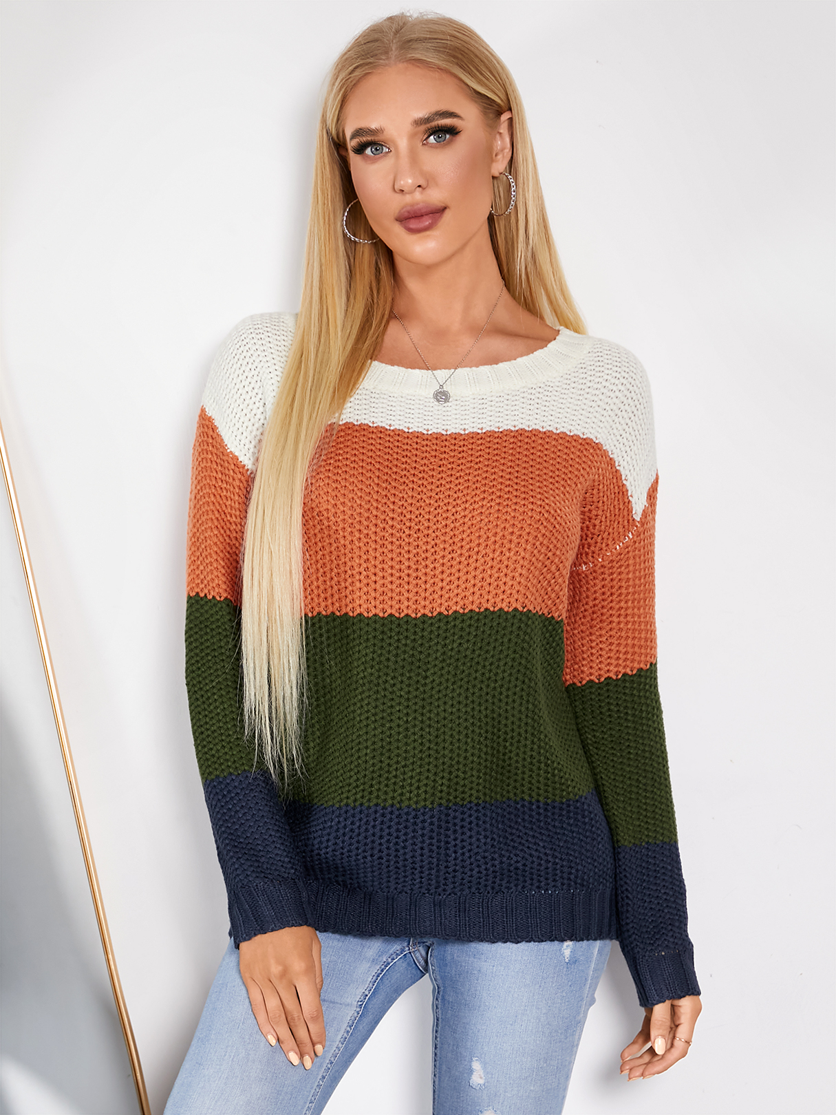 YOINS Multicolor Striped Patchwork Round Neck Sweater