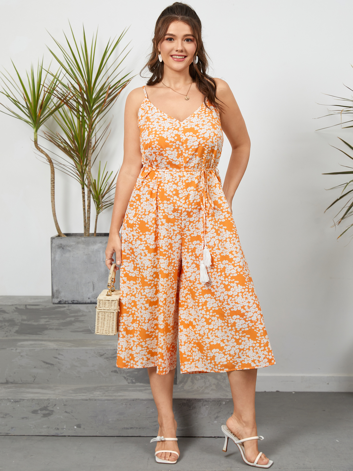 YOINS Plus Size Calico Belt Design Tie-up Design Sleeveless Jumpsuit