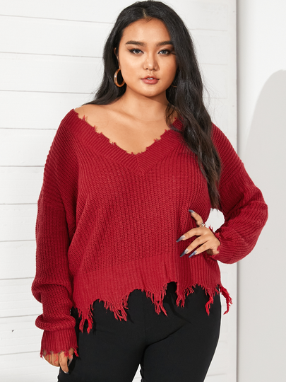 Plus Size V-neck Knit Long Sleeves Sweater