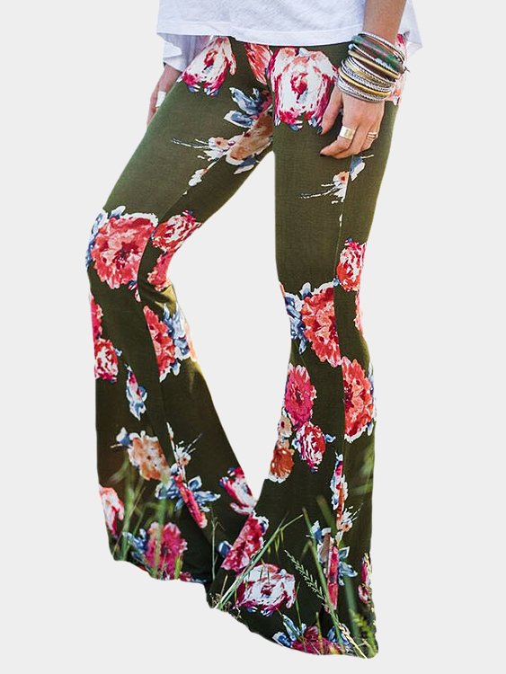 Green Floral Print Flared Long Pants