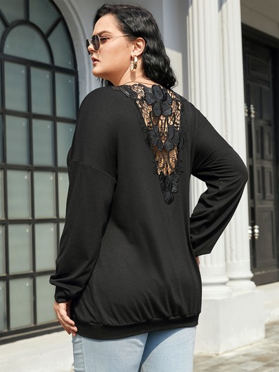 YOINS Plus Size Round Neck Lace Patchwork Design Long Sleeves Sweatshirt