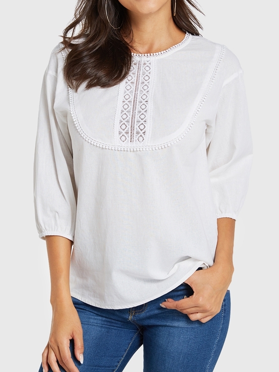 YOINS White Crochet Lace Embellished Round Neck Blouse