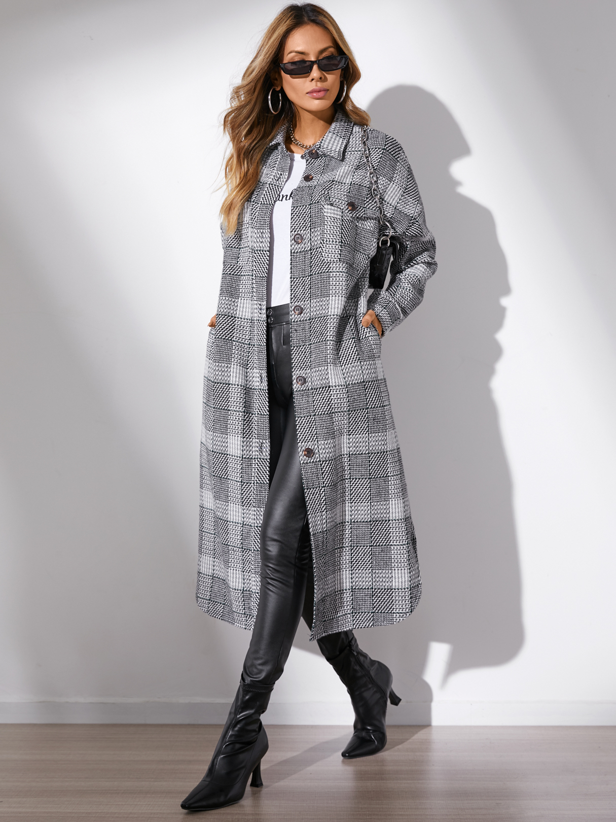 YOINS Grey Plaid Button Front Coat