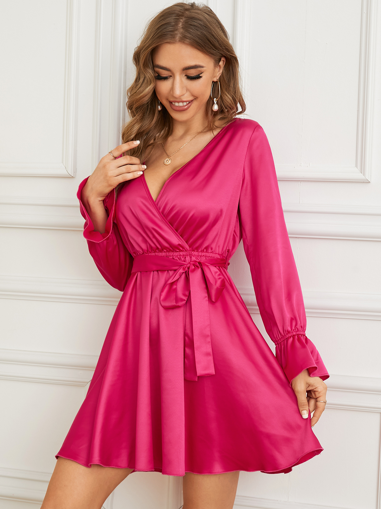 YOINS Deep V Neck Belt Design Wrap Design Long Sleeves Mini Dress