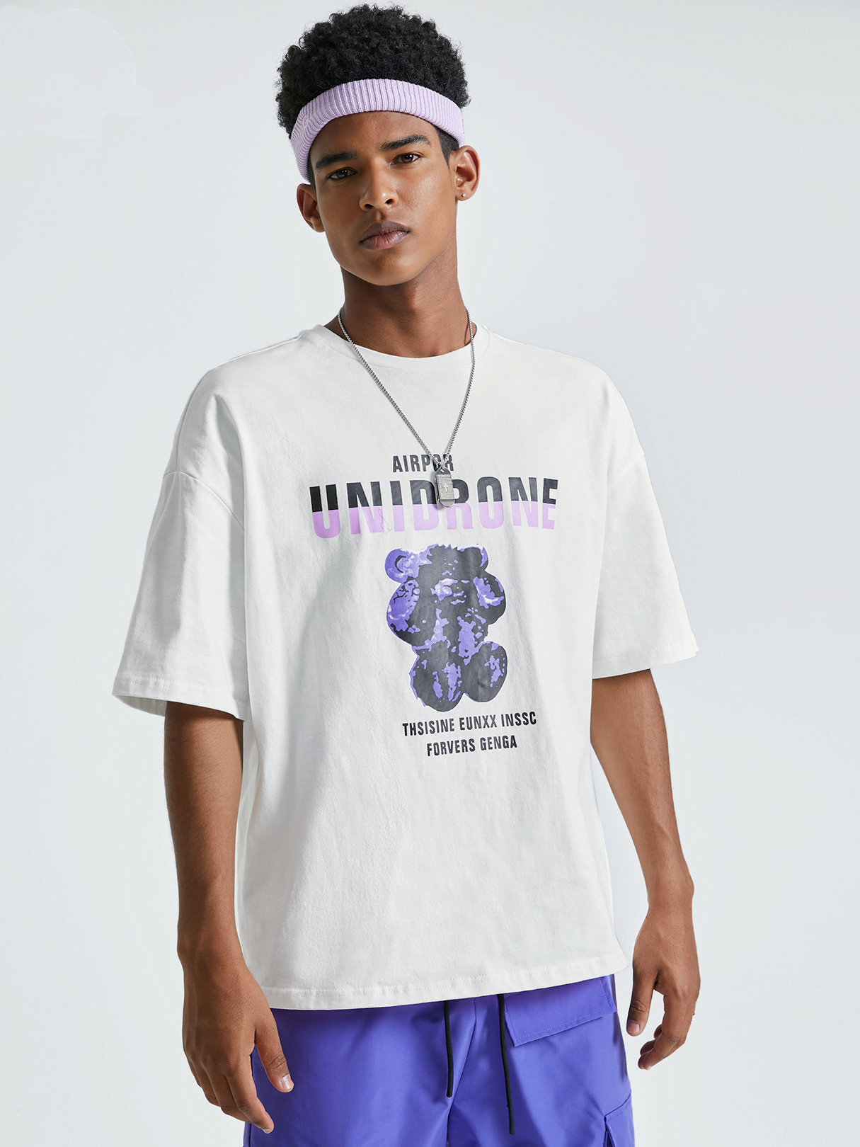 KOYYE Men 100% Cotton Casual Bear Graphic Letter Print T-Shirt