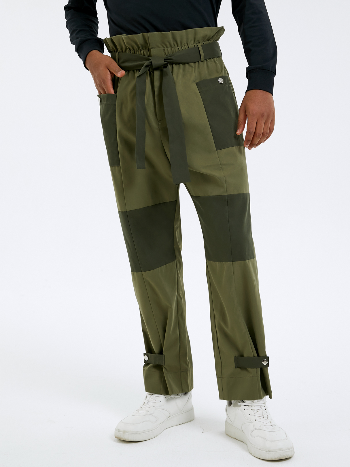 Men Fashion Color Block Patchwork High Waist Casual Paperbag Pants