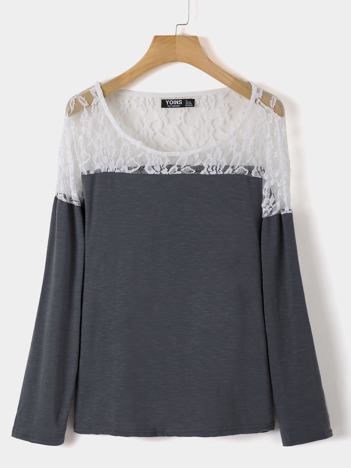 Grey Lace Patchwork Round Neck Long Sleeves Tee