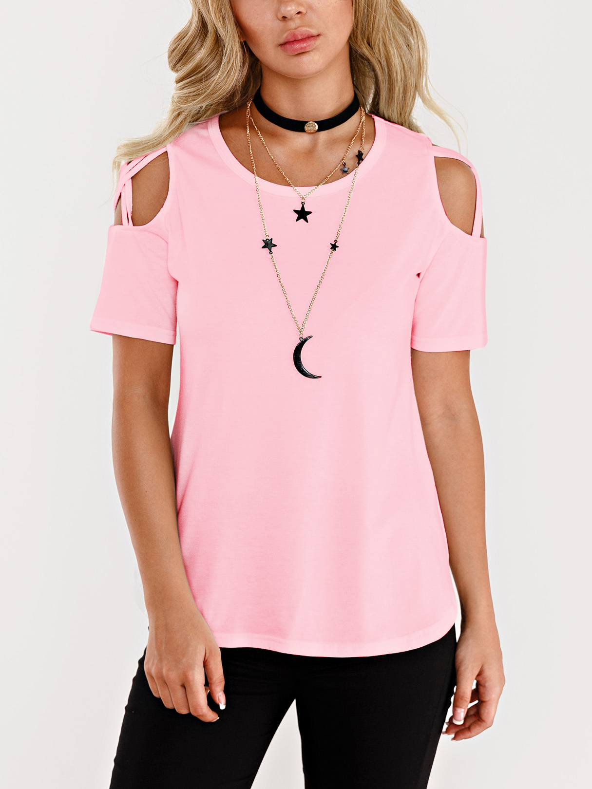 Pink Cold Shoulder Short Sleeves T-shirts