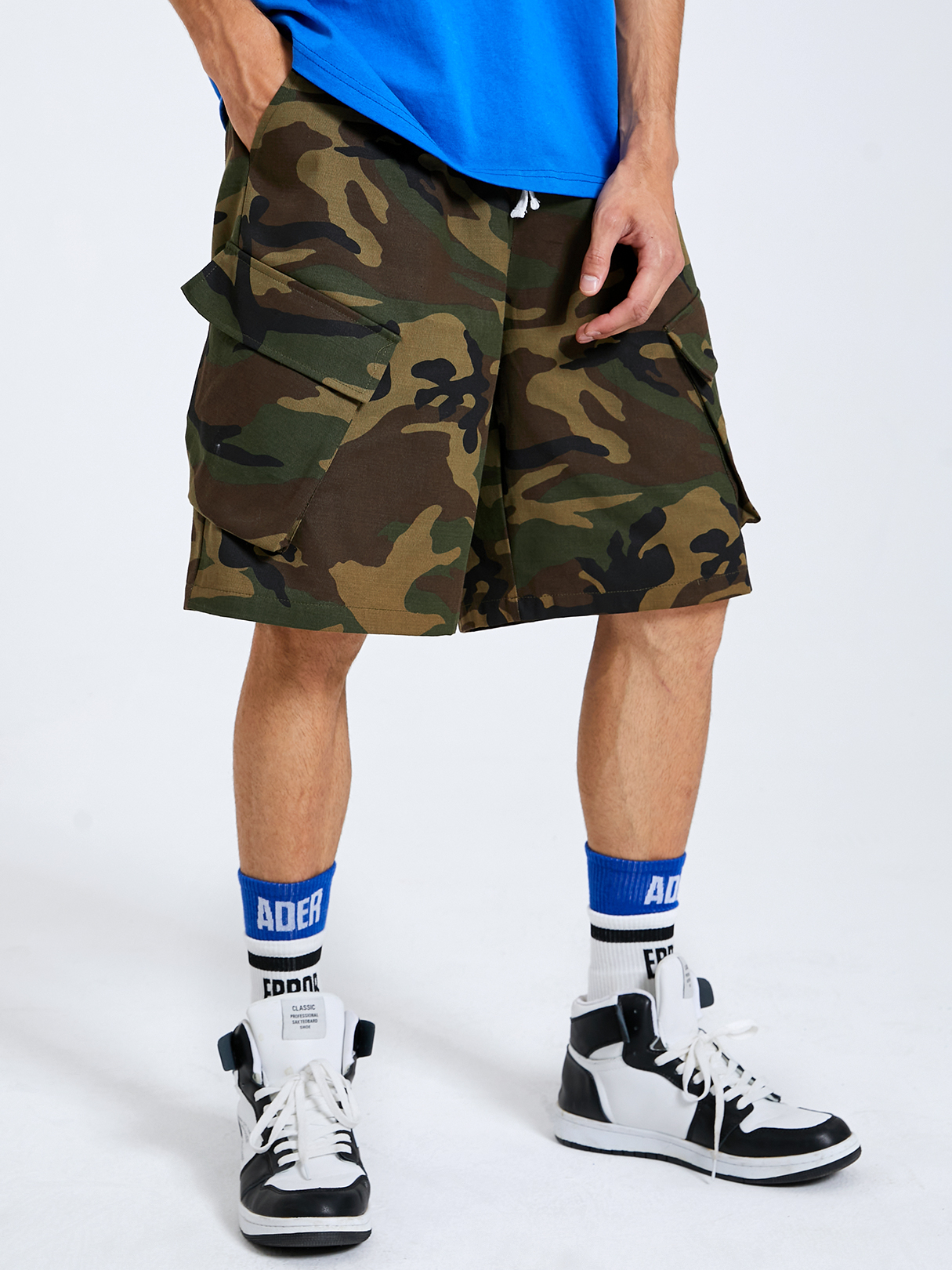 Men 100% Cotton Camo Print Drawstring Waist Cargo Shorts
