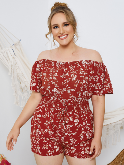 Plus Size Off The Shoulder Calico Lace-Up Design Short Sleeves Playsuit