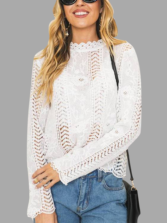 White Hollow Details Lace Insert Blouses