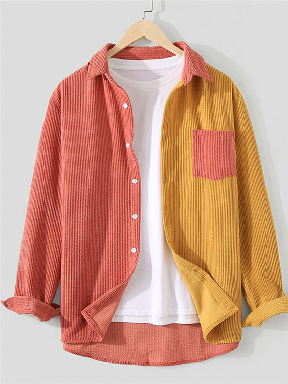 Men Casual Corduroy Top Patchwork Shirt