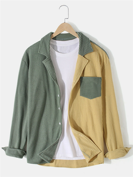 ChArmkpR Men Casual Corduroy Color Block Splicing Long Sleeve Shirt