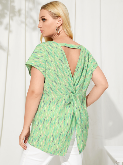 YOINS Plus Size Crew Neck Geometric Cut Out Twist Short Sleeves Blouse