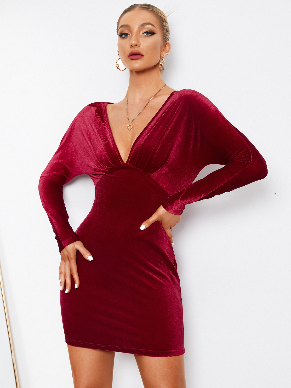 YOINS Deep V Neck Backless Design Long Sleeves Mini Dress