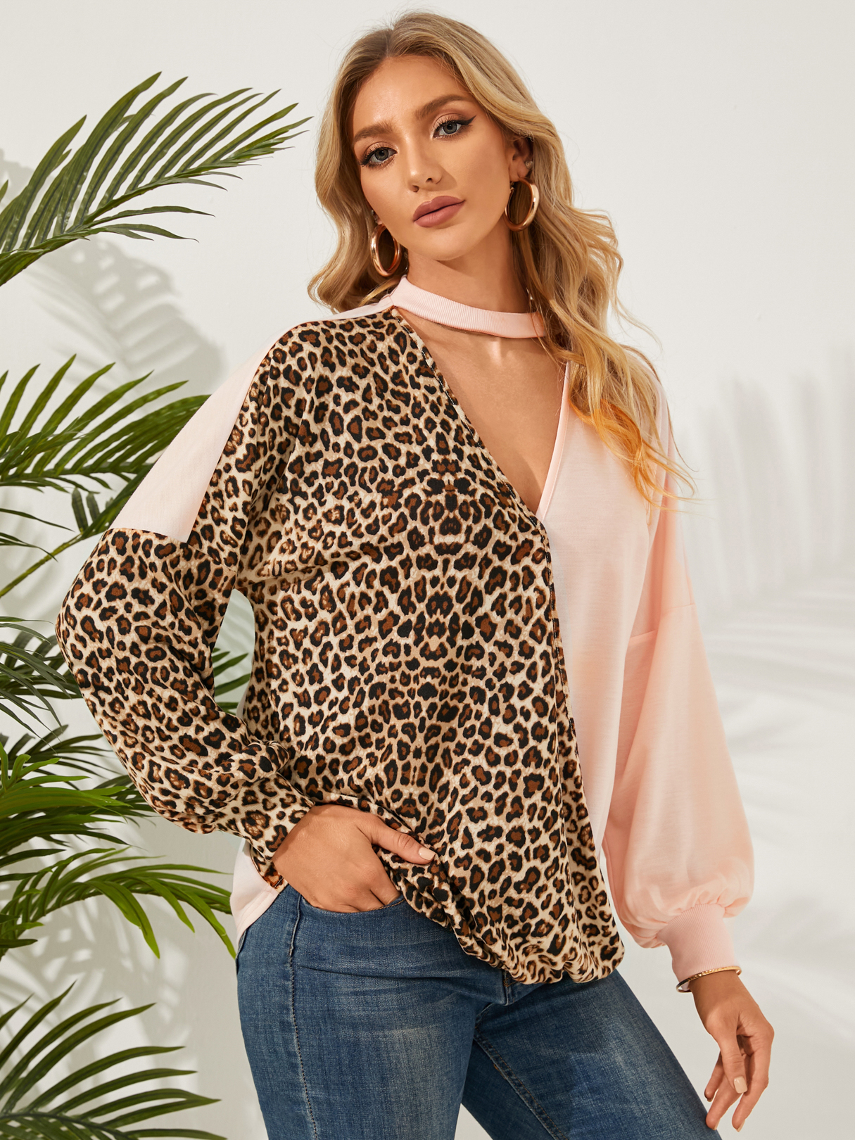 YOINS Pink Leopard Patchwork Wrap Design V-neck Sweatshirt