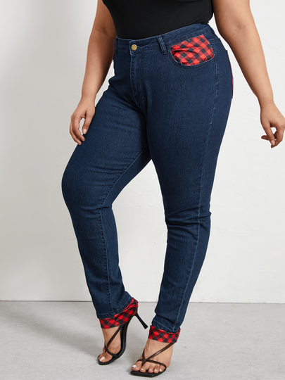 Plus Size Zip Front Patchwork Design Pocket Jeans