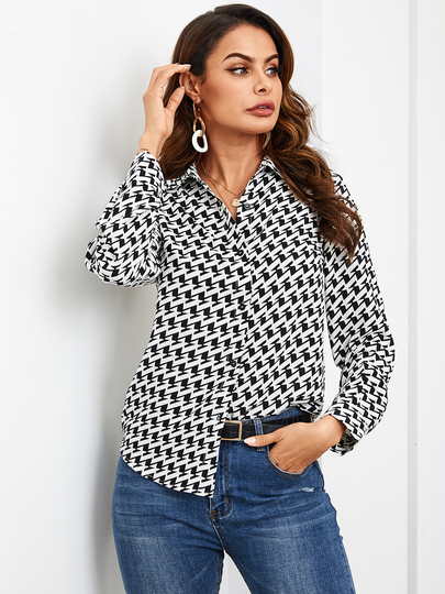 YOINS Black Button Design Houndstooth Classic Collar Long Sleeves Blouse