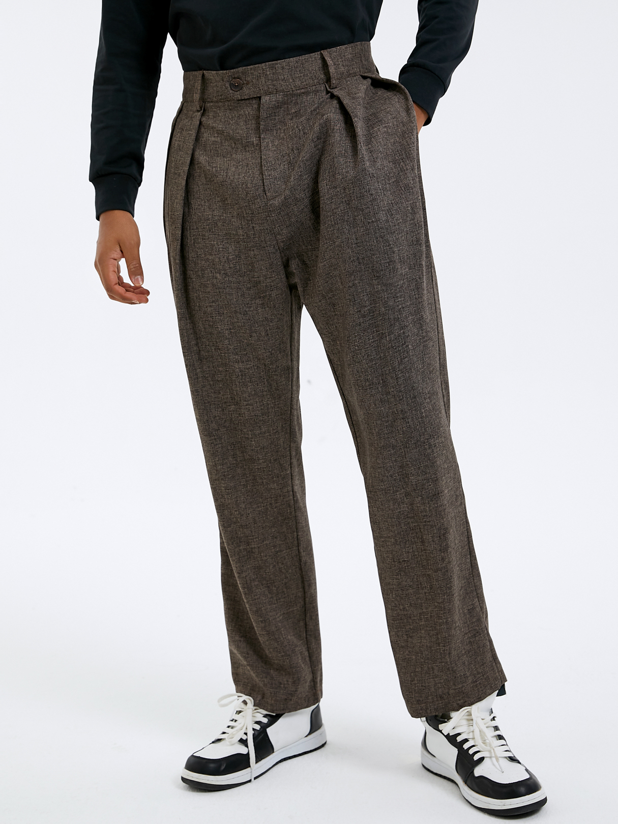 Men Vintage Plain Pleated Design High Waist Casual Pants
