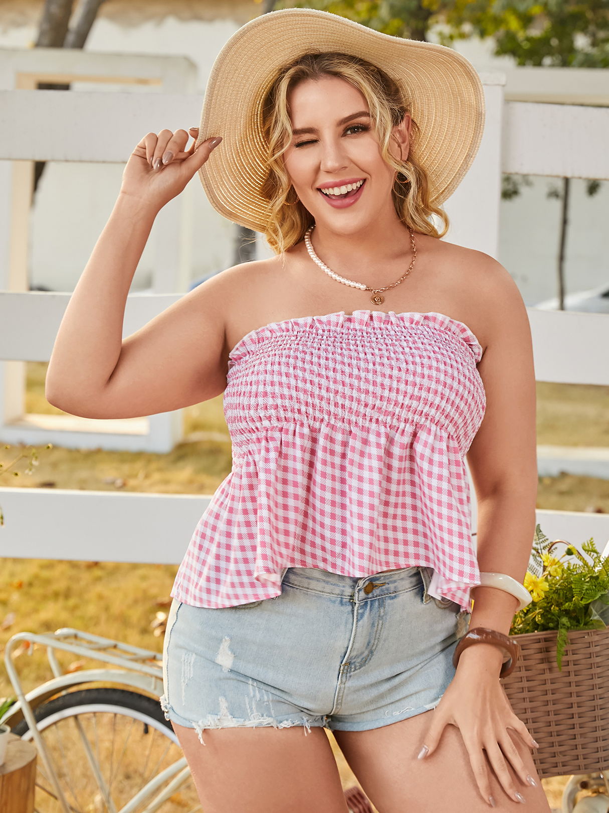 YOINS Plus Size Tube Top Plaid Backless Design Shirring Sleeveless Cami