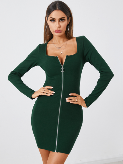 YOINS Square neck Zip Front Long sleeves Mini Dress