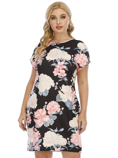 Plus Size Crew Neck Floral Print Short Sleeves Midi Dress