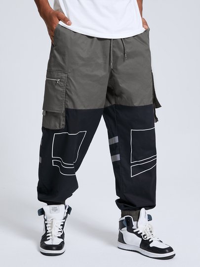 Men Fashion Color Block Patchwork Zip Pockets Drawstring Cargo Pants