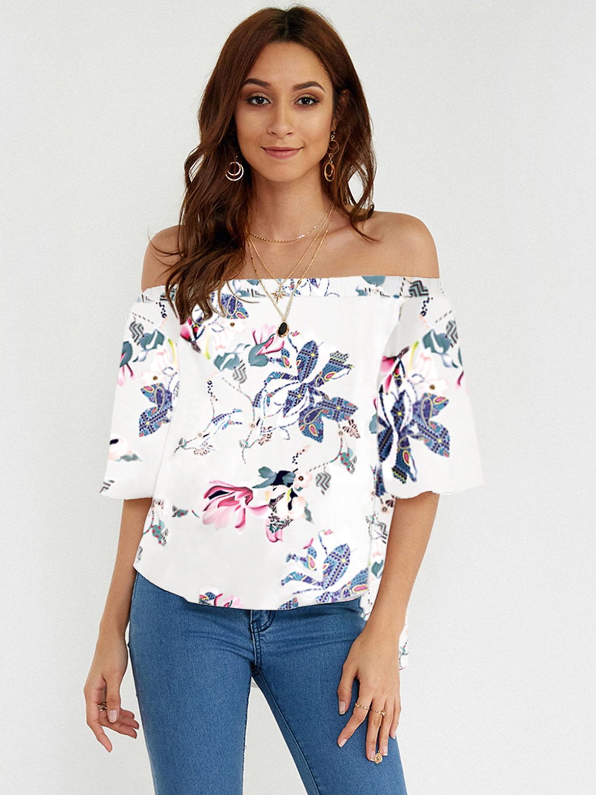 White Sexy Off Shoulder Random Floral Print Blouse