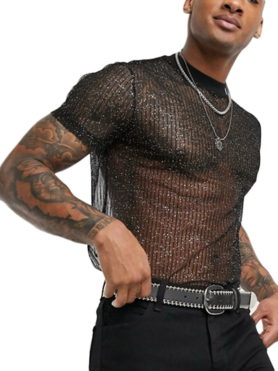INCERUN Men Mesh Shiny Party Nightclub Semi Sheer Sexy Thin T-Shirt