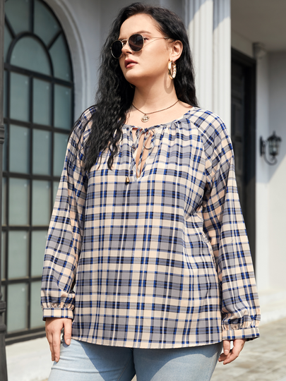 YOINS Plus Size Plaid Tie-up Design Long Sleeves Blouse