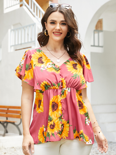 YOINS Plus Size V-neck Floral Print Front Button Short Sleeves Blouse