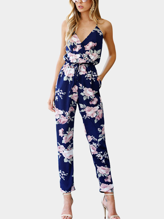 Cross Front V-neck Random Floral Print Jumpsuit in Blue