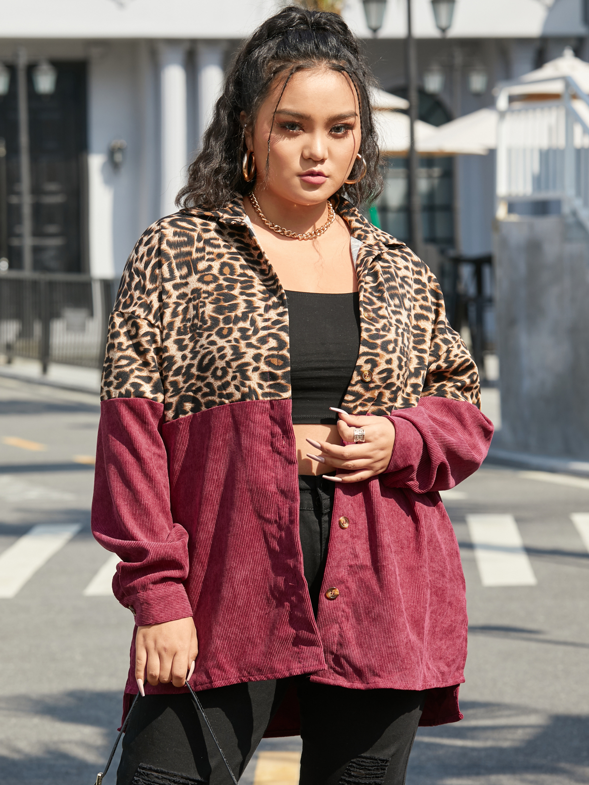 YOINS Plus Size Classic Collar Leopard Patchwork Button Design Long Sleeves Coat