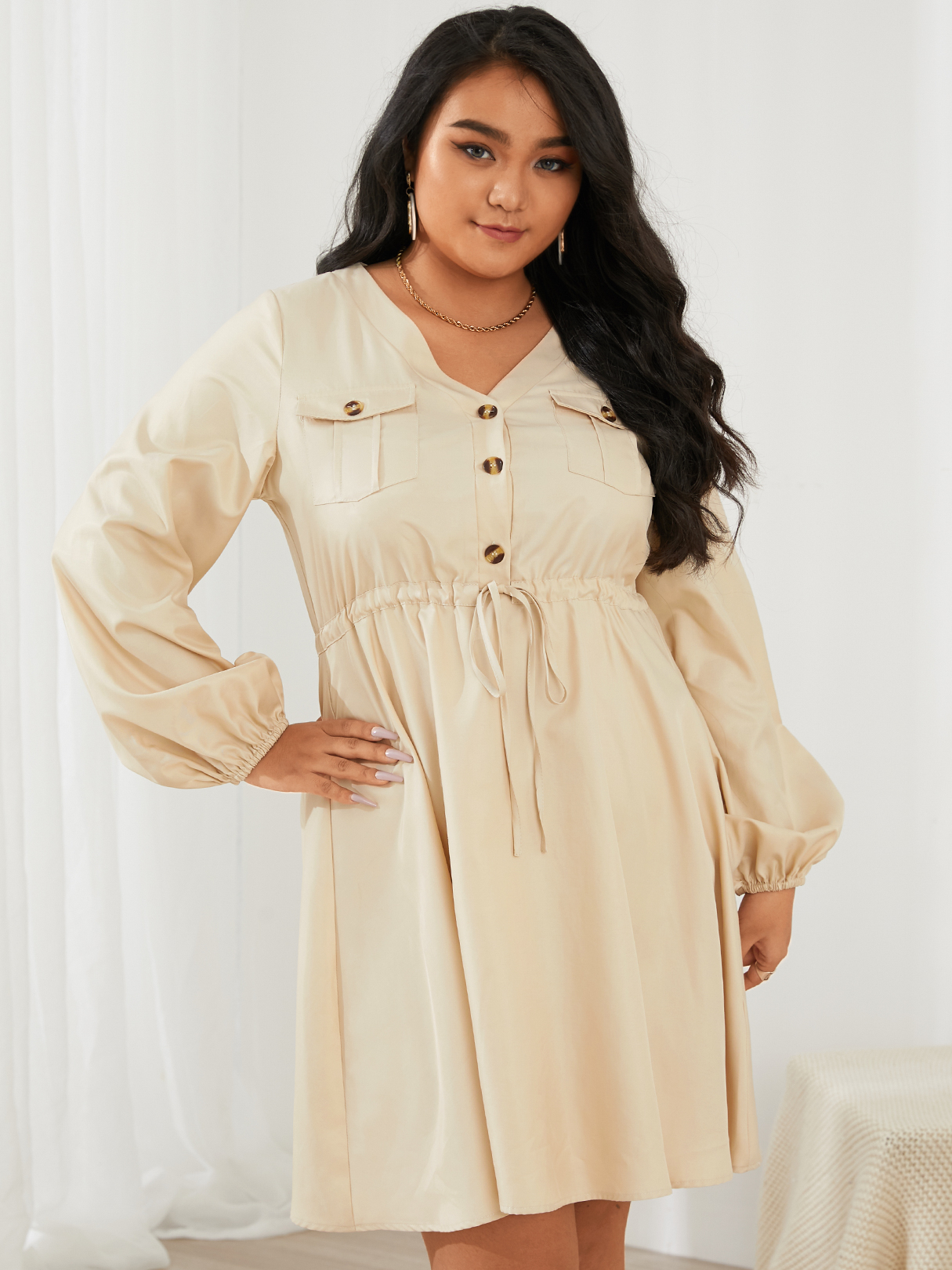YOINS Plus Size V-neck Drawstring Button Design Long Sleeves Mini Dress