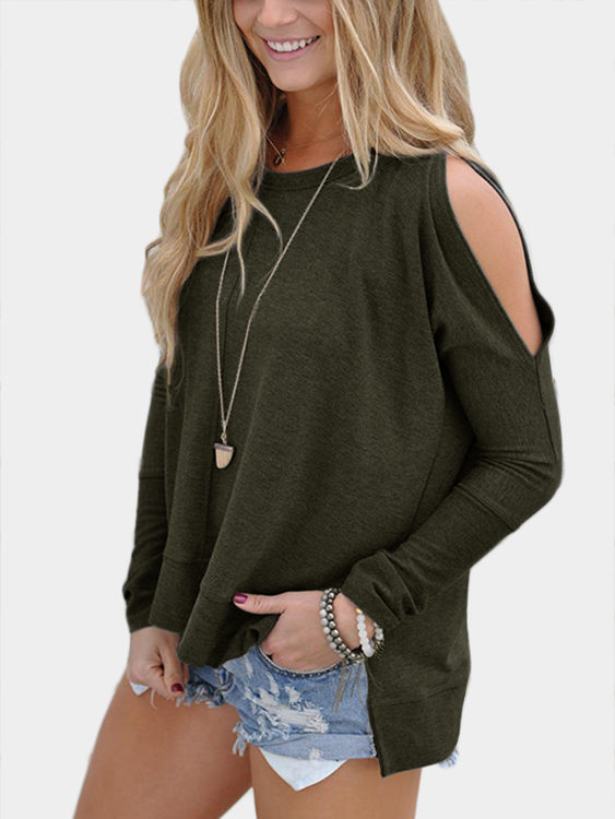 Army Green Cold Shoulder Long Sleeves Slit Sweatshirt
