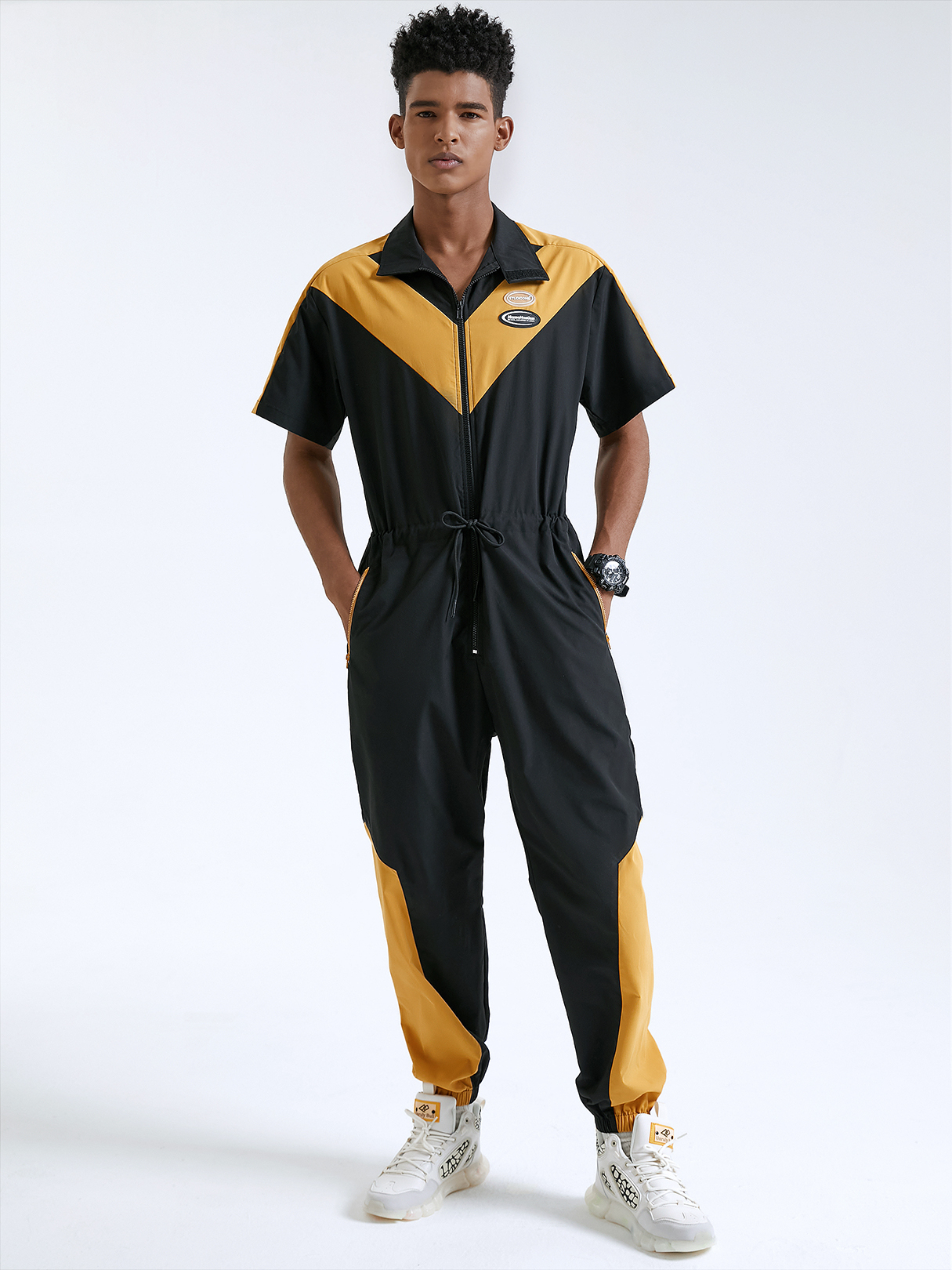 Men Color Block Print Zip Front Short Sleeve Overalls Jumpsuit