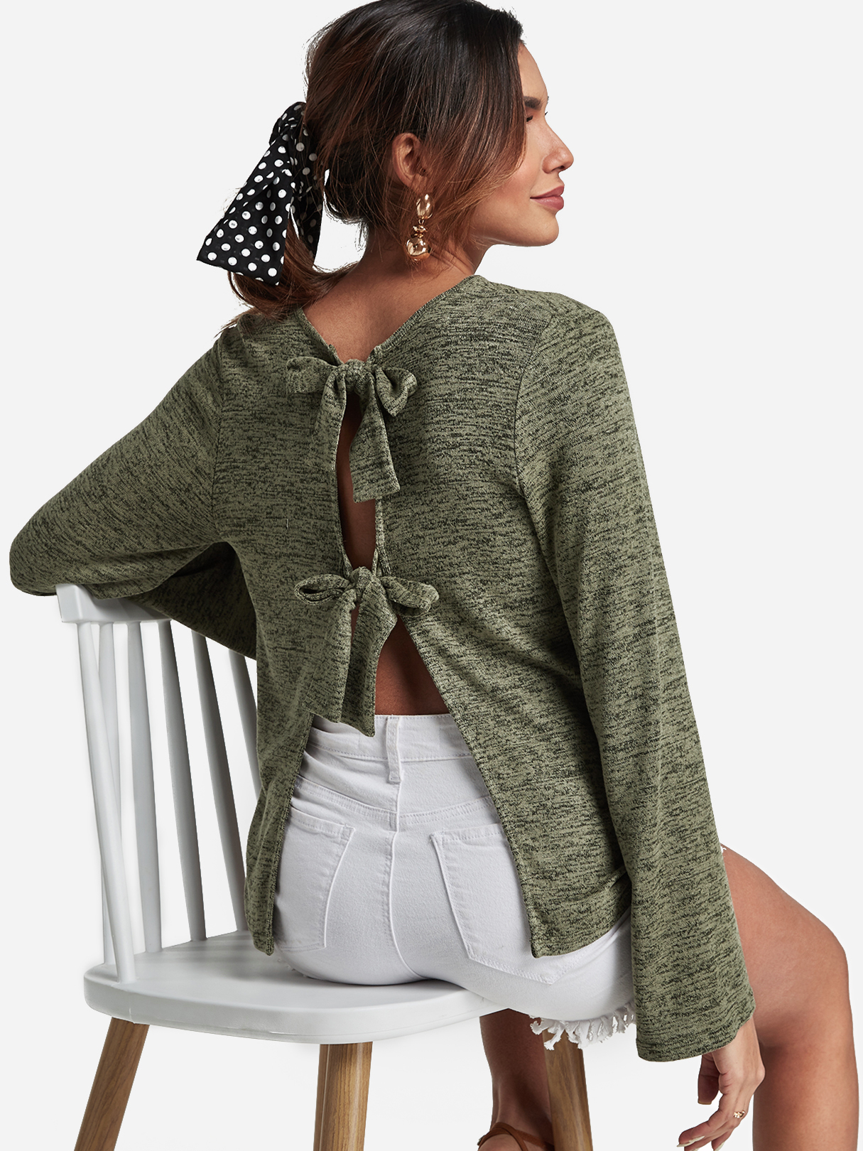 Green Self-tie Design Round Neck Backless Top