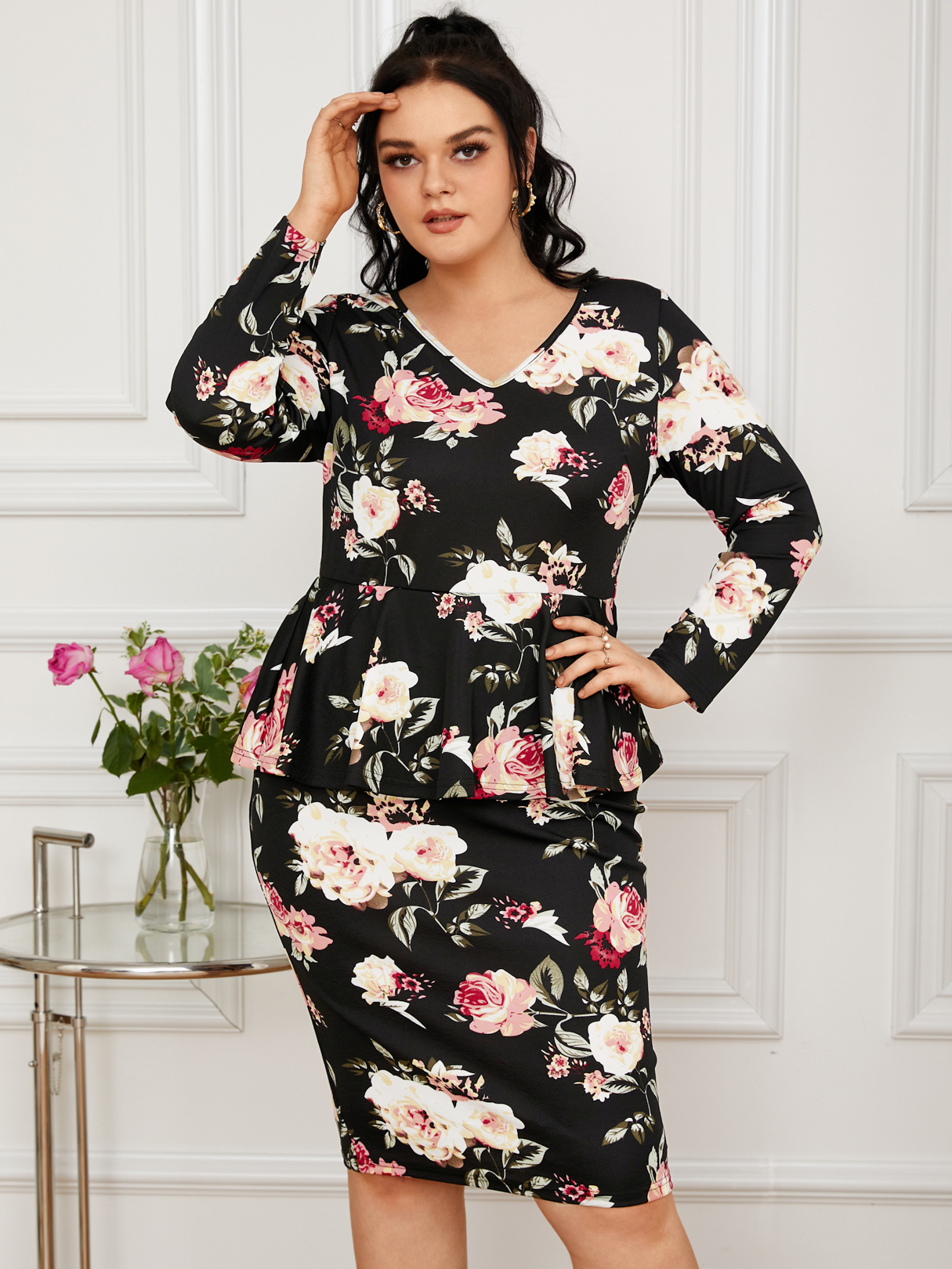 YOINS Plus Size Floral Print Ruffle Trim Long Sleeves Dress