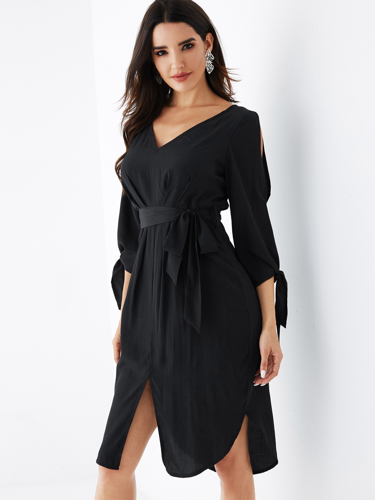 YOINS Black Belt Design V-neck Long Sleeves Dress
