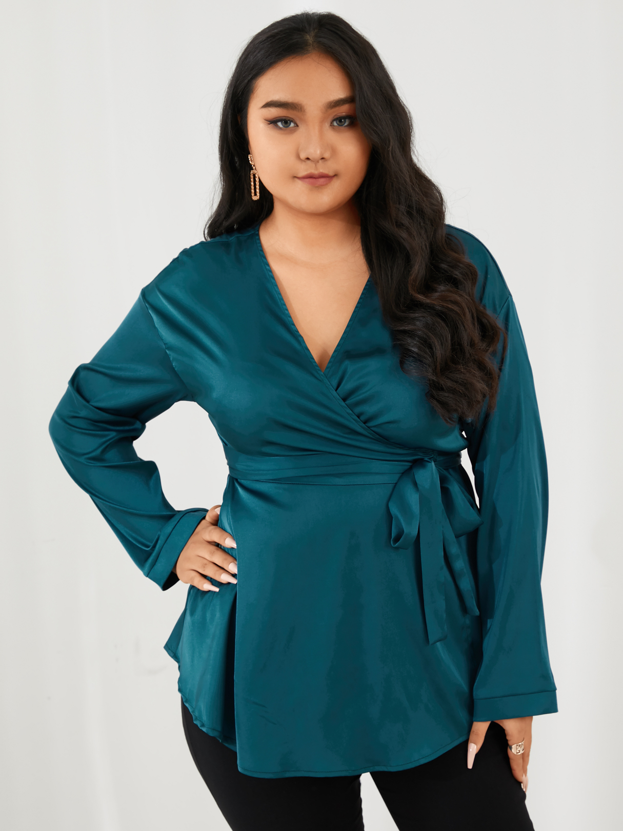 YOINS Plus Size Deep V Neck Belt Design Wrap Design Long Sleeves Blouse